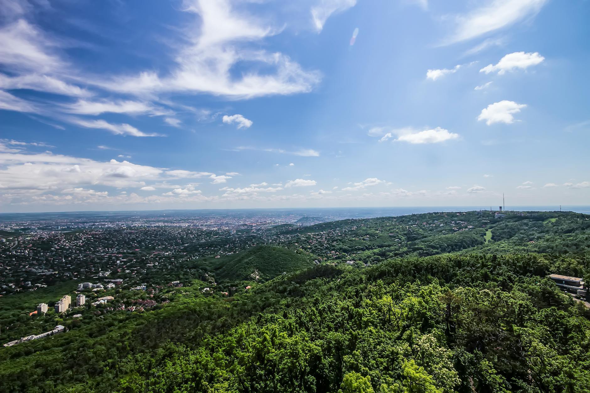 village surrounded by green trees under cloudy blue sky